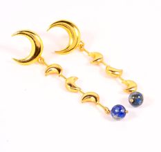 Brass 18k Gold Plated Crescent Moon Dangle Earrings with Lapis Gemstone Gift Jewelry